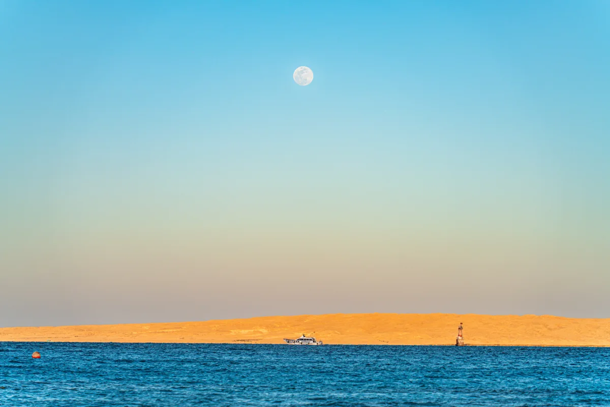 Red Sea and desert shoreline beneath a pale moon
