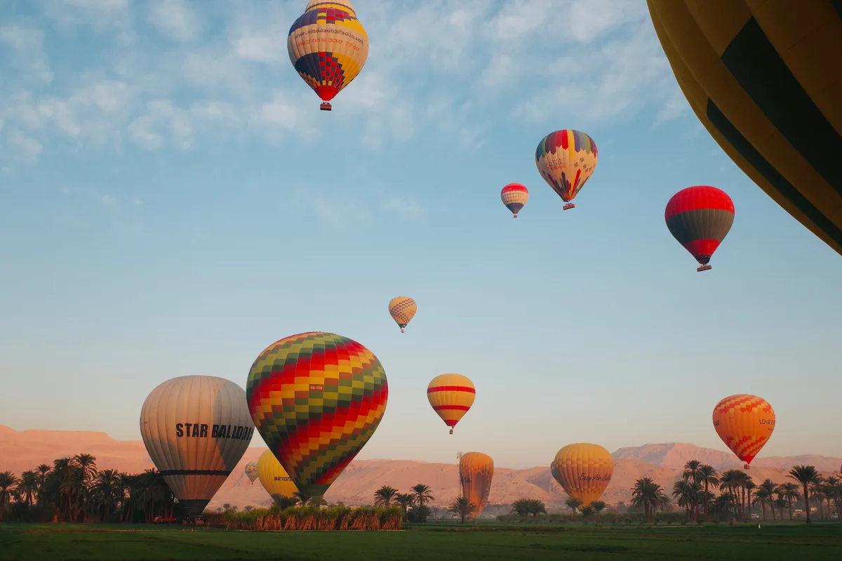 Colorful hot-air balloons flying above Luxor